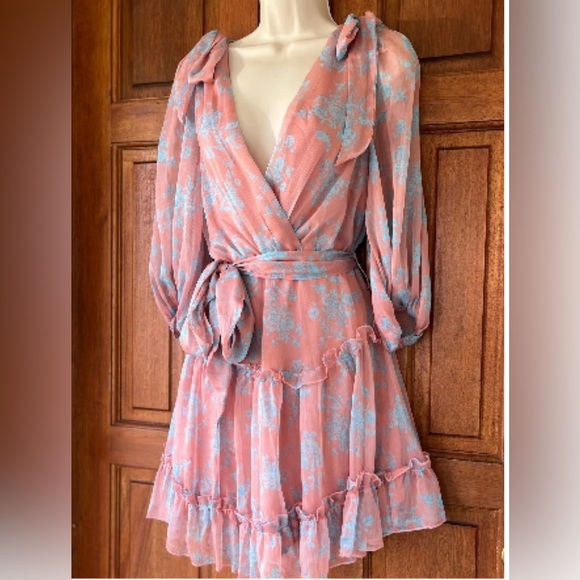 Saints + Secrets Pink Floral Ruffle Mini Dress Bow Shoulders Anthropologie - Picture 2 of 5